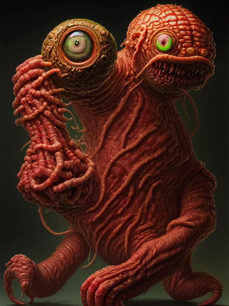 Prompt: hyperrealistic rendering, fat smooth cronenberg flesh monster d & d beholder by donato giancola and greg rutkowski and wayne barlow and zdzisław beksinski, eyeballs, lightning, magic runes, product photography, action figure, sofubi, studio lighting, colored gels, colored background