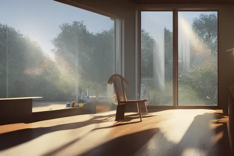 Image similar to rays of the morning sun shining through the window of the village house. very beautiful, clear sky, warm shiny colors, octane render