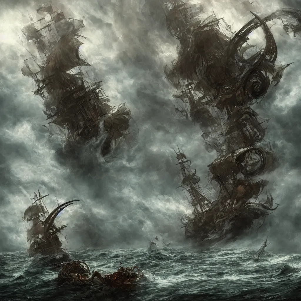 Image similar to A giant tentacle monster attacks a pirate ship at the edge of the world under a heavy rainstorm, 4k detailed digital art