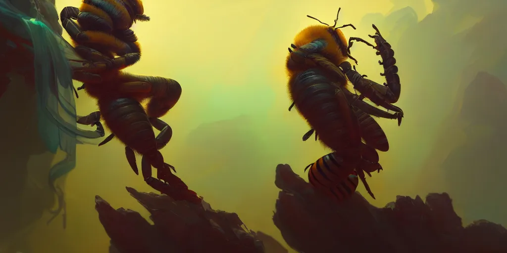 Prompt: a bee with a scorpion tail, vivid colors, extremely detailed digital painting, in the style of fenghua zhong and ruan jia and jeremy lipking and peter mohrbacher, mystical colors, rim light, beautiful lighting, 8 k, stunning scene, raytracing, octane, trending on artstation