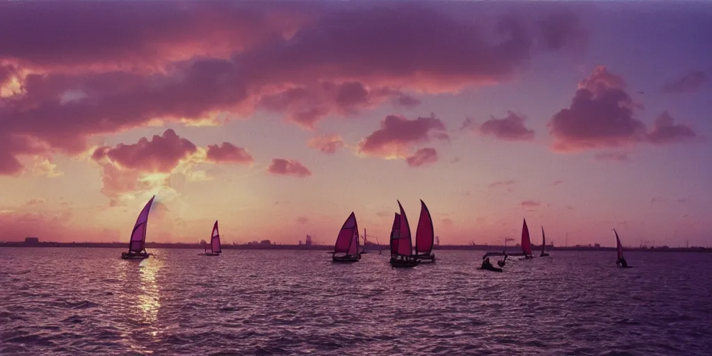 Prompt: an autochrome photo of 1 9 8 0 s miami pink sunset off the quays, wide shot, outdoors, sunset photo at golden hour, yellow sails of windsurfers, wide - angle lens n 4