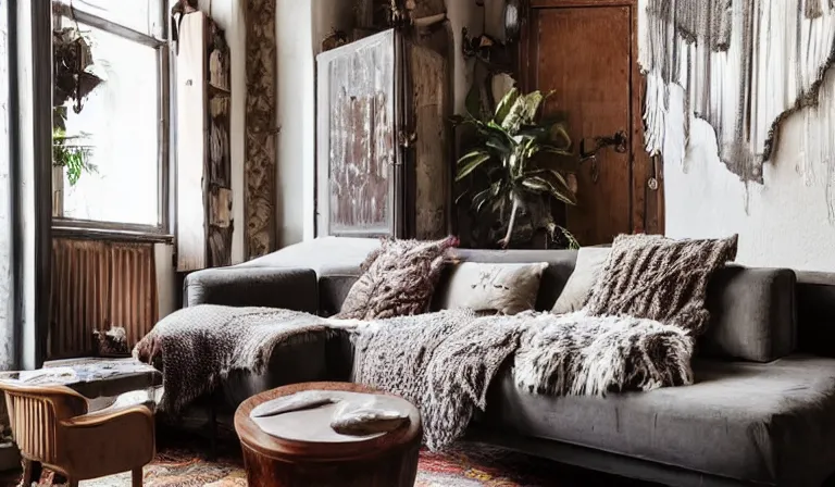 Image similar to sunrise 3 5 mm warm photo of a tastefully decorated bohemian living room with dark luxurious furnishings, and a mix of antique and modern furniture, and a mix of concrete and raw wood finishes, soft lighting