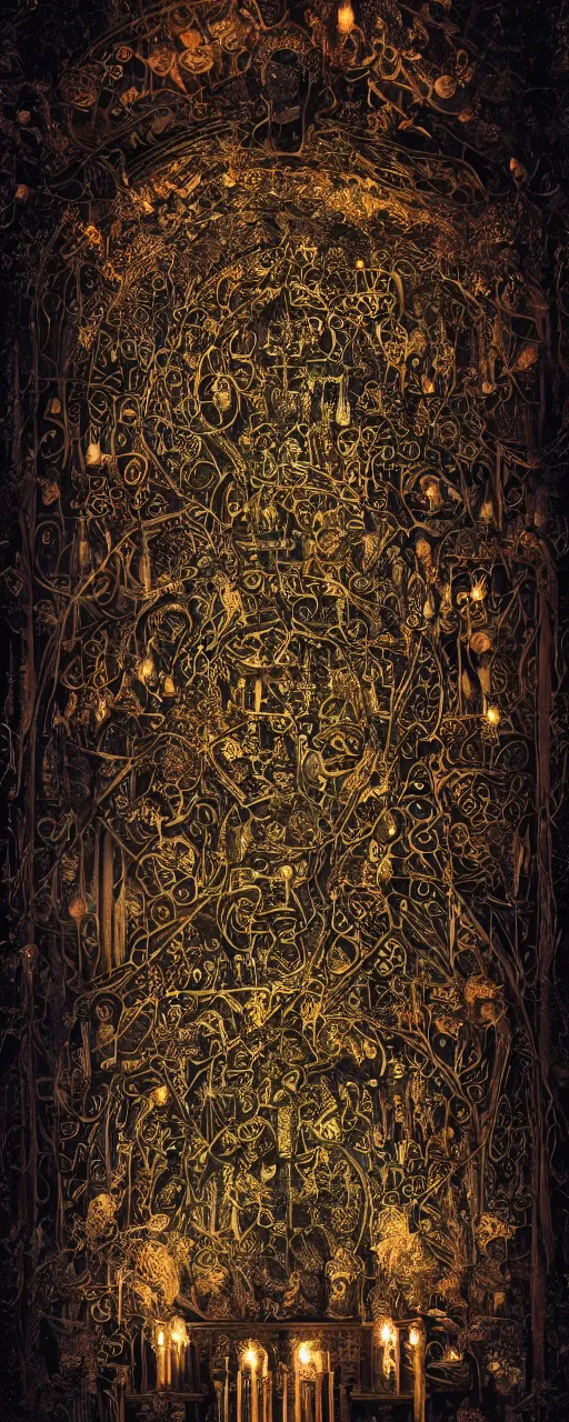 Prompt: photographic cathedral church altar, The Catacombs of Paris, black paper, bringer of glowing light and life and death, skull, mystical, intricate ornamental oriental tower floral flourishes, copper, steel, emerald, diamond, amethyst, glass, poster, concept art, octane, 8k insane detail