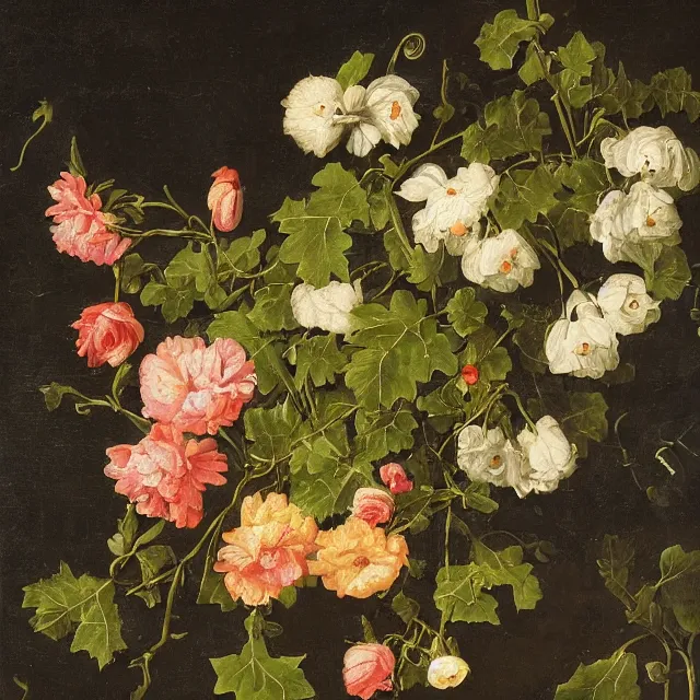 Image similar to flowers and ivy in a garden at night, a flemish baroque painting by jan van kessel the younger, black background, intricate high detail masterpiece