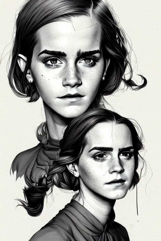 Image similar to a study of detailed cell shaded protrait of Emma Watson, llustration, post grunge, concept art by josan gonzales and wlop, by james jean, Victo ngai, David Rubín, Mike Mignola, Laurie Greasley, highly detailed, sharp focus, alien, Trending on Artstation, HQ, deviantart, art by artgem