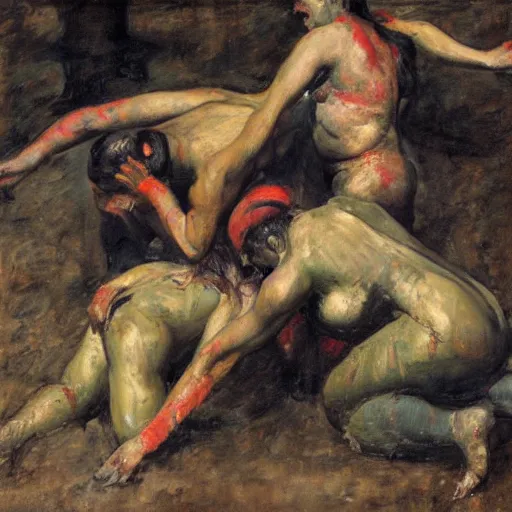 Prompt: 3 drunk women fall over mud - wrestling,, oil painted ( ( ( ( ( ( by rodin ) ) ) ) ) )