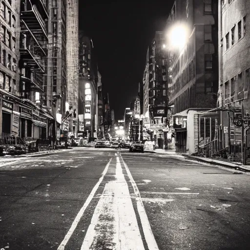 Prompt: highly detailed photo of abandoned New York city street at night after the war between humans and AIs, film grain, soft vignette, Canon EOS Digital Rebel XTi, 100-300mm Canon f/5.6, Exposure time: 1/160, ISO 400