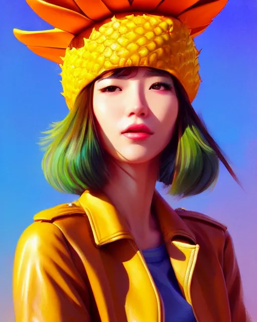 Image similar to pineapple girl wearing a candy hat and leather jacket, fine detail!! anime!! realistic shaded lighting!!, kim hyun joo, digital painting by ilya kuvshinov, magali villeneuve, artgerm, jeremy lipkin and michael garmash and rob rey