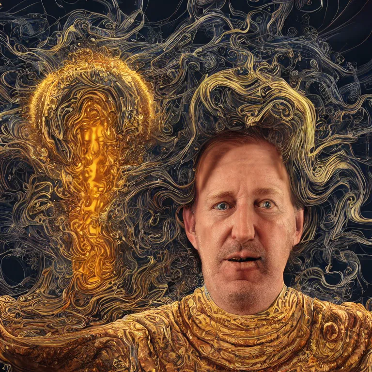 Image similar to octane render portrait by wayne barlow and carlo crivelli and glenn fabry and salvador dali and wes anderson, the ancient roman god of dmt, surrounded by a swirling whirldwind of psychedelic explosions, cinema 4 d, ray traced lighting, very short depth of field, bokeh