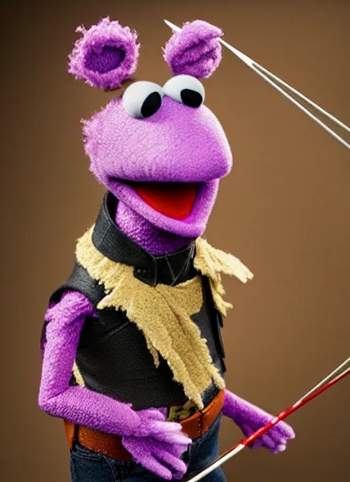 Image similar to studio portrait still of muppet!!!!! hawkeye with bow and arrow!!!!!! from avengers infinity war as a muppet muppet as a muppet, 8 k, studio lighting, key light,