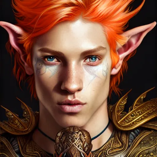 Image similar to portrait painting of an elven male teen with short light orange hair and tribal tattoos on his face wearing fur armor, ultra realistic, concept art, intricate details, eerie, highly detailed, photorealistic, octane render, 8 k, unreal engine. art by artgerm and charlie bowater and magali villeneuve and alphonse mucha