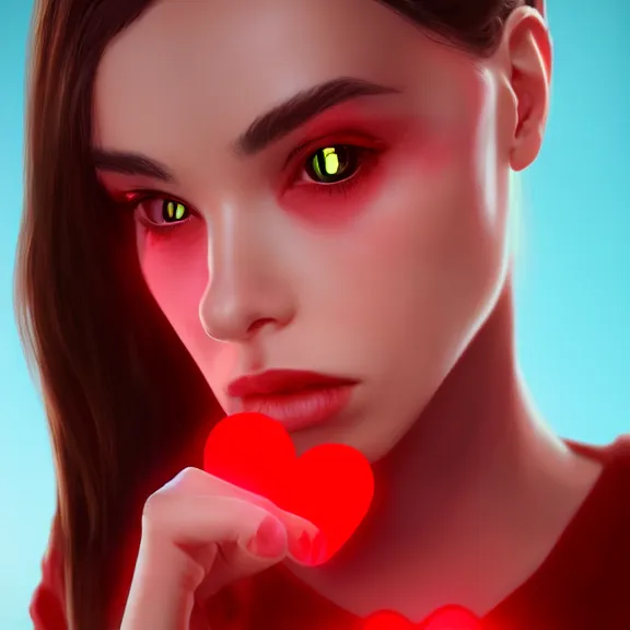Prompt: close up woman blowing the red heart emoji from her hand, trending on artstation, concept art, high detail, sharp, unreal engine