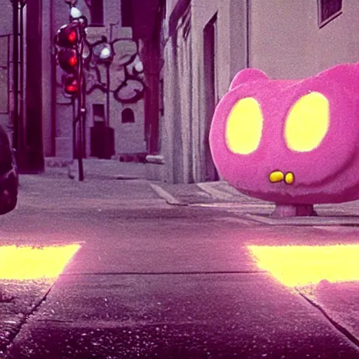 Prompt: film still of a monstrous creature shaped like a hello kitty crawling on an empty street beneath a lamp, grainy, horror movie, creepy, eerie, dark, great cinematography, amazing lighting, old, found footage, grainy, directed by scott derrickson