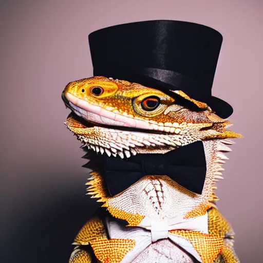 Image similar to dslr portrait still of a bearded dragon wearing a top hat and bow tie, 8 k 8 5 mm f 1. 4