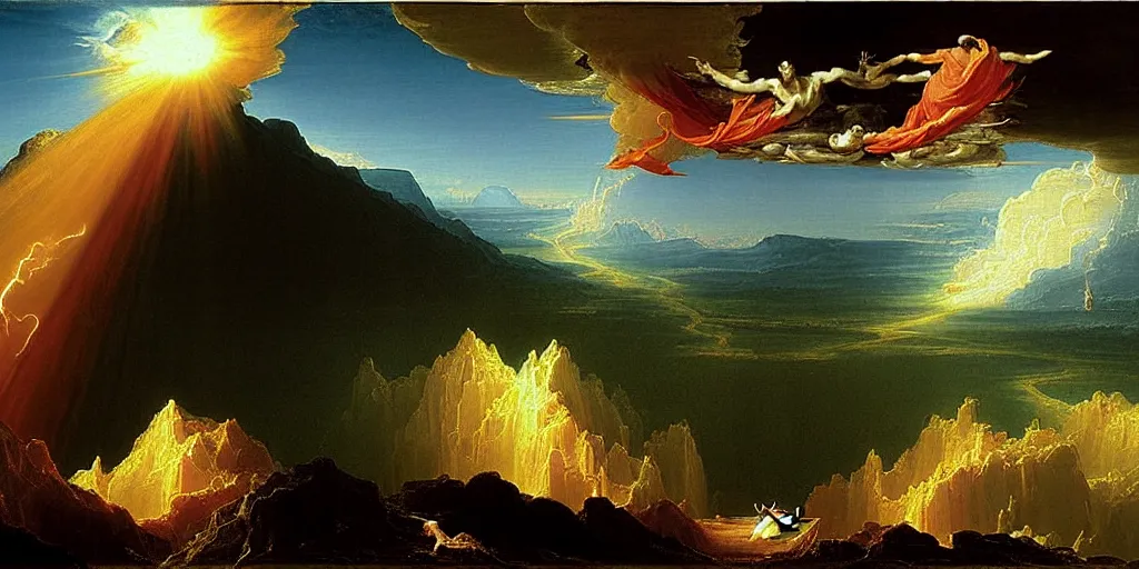 Image similar to heaven and hell painted by thomas cole