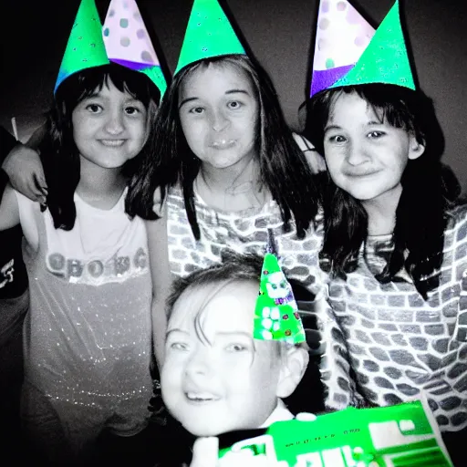 Image similar to y 2 k birthday party selfie, green monochrome 6 4 x 6 4 dot matrix resolution, 8 bit digitized