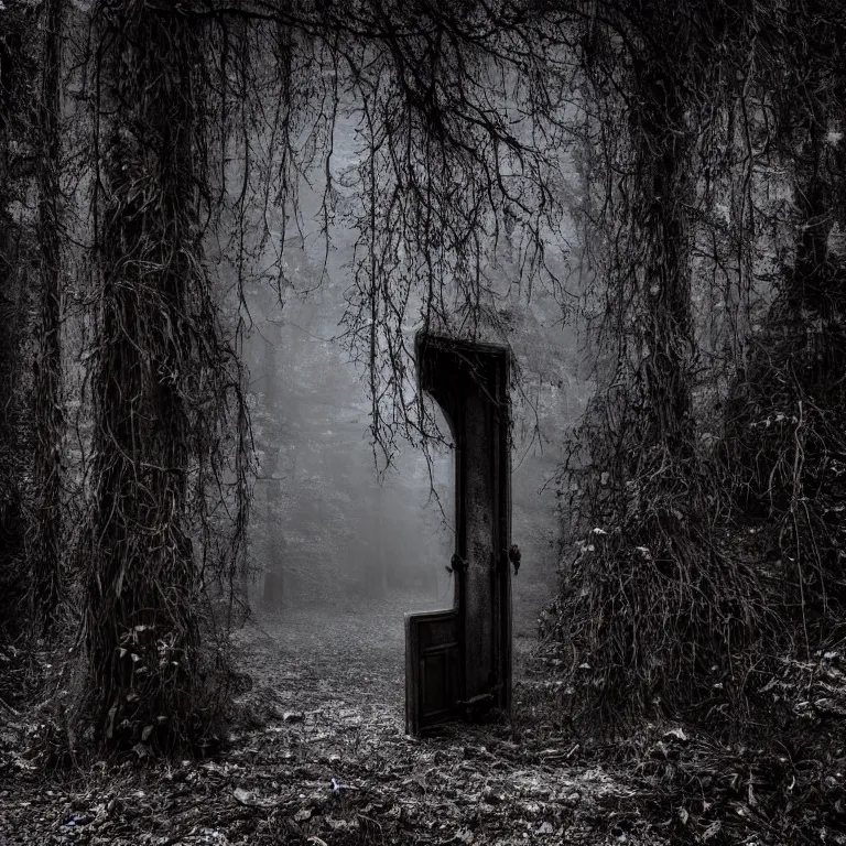 Image similar to Secret lit iron door portal in dark eerie mysterious forest landscape photography 4k
