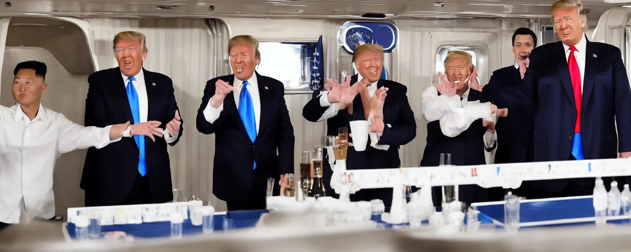 Prompt: donald trump with joe biden and kim jong un playing beer pong on air force one