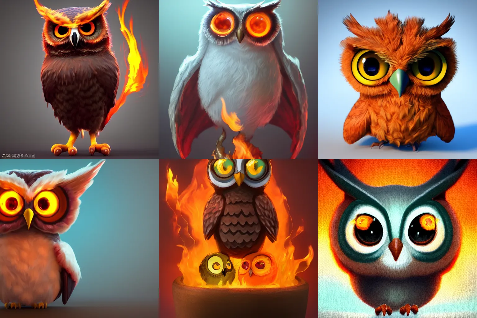 Prompt: full shot,a oil painting of cute owl Pokémon with big eyes made of flame,Ford, Henry Justice,Zatzka, Hans,trending on artstation,3d octane render,High detail