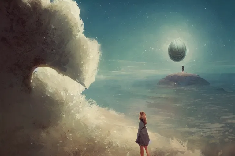 Image similar to huge white daisy flower blooming as a face, girl standing on cliff, surreal photography, solar eclipse, stars, dramatic light, impressionist painting, clouds, digital painting, artstation, james gilleard, liam wong, jeremy mann, simon stalenhag