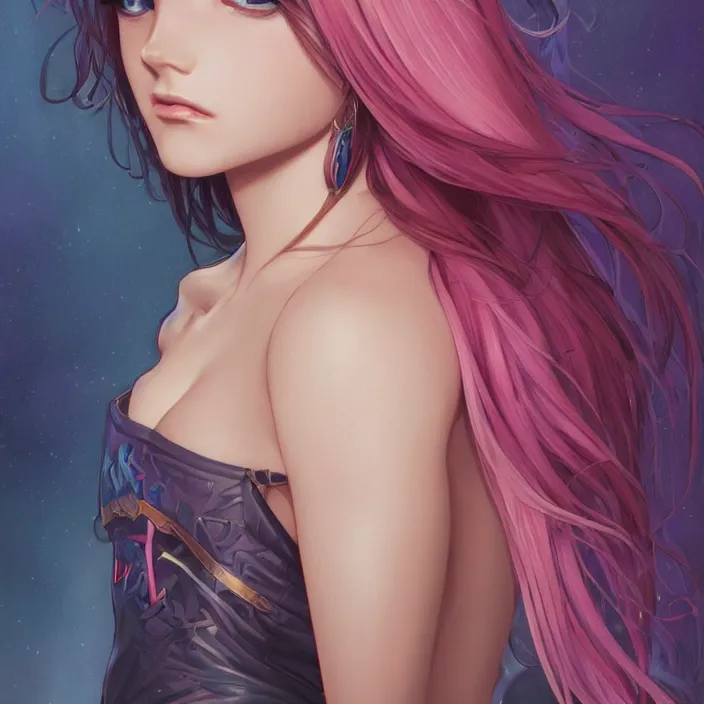 Image similar to portrait of beautiful symmetrical anime girl, rainbow hair, attractive, casual, modern, victoria's secret, highly detailed, digital painting, artstation, concept art, smooth, sharp focus, illustration, art by artgerm, greg rutkowski and alphonse mucha, 8 k,