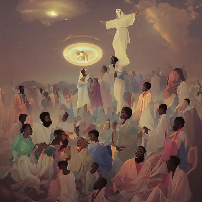 Image similar to many UFOs hovering over an African Jesus, painting by Hsiao-Ron Cheng,