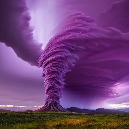 Image similar to amazing photo of purple clouds in the shape of a tornado by marc adamus, digital art, beautiful dramatic lighting