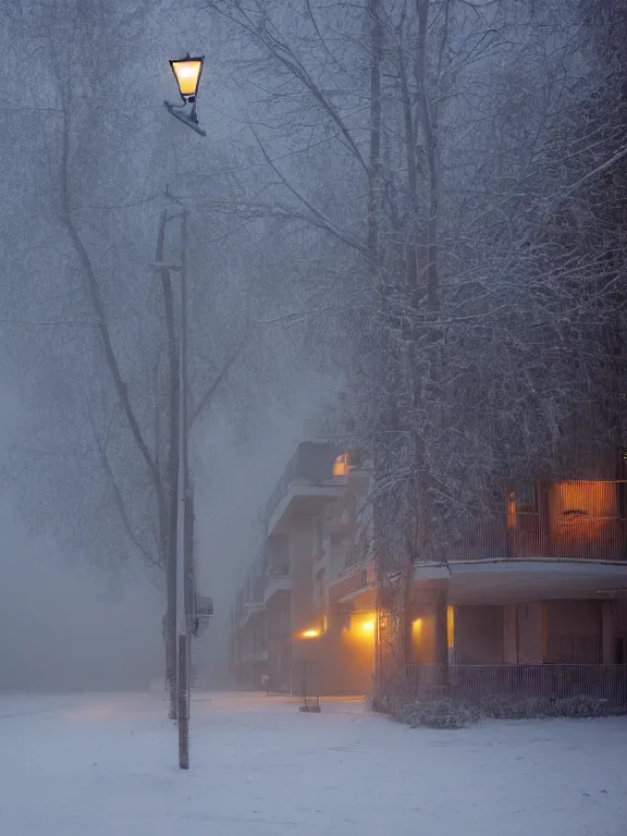 Prompt: beautiful film still of a residential block building in russian suburbs, low, lights are on in the windows, dark night, post - soviet courtyard, cozy and peaceful atmosphere, fog, cold winter, snowing, streetlamps with orange volumetric light, several birches nearby, elderly man stand at the entrance to the building