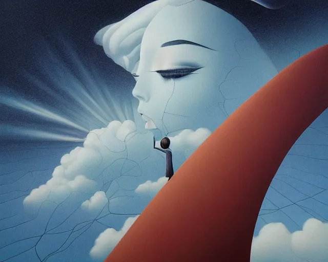 Prompt: studio trigger, the fault lines of our relationship, airbrush art, minimalist, skeuomorphic, behance contest winner, atmospheric dreamscape painting, an ultrafine detailed painting by rafal olbinski, very detailed, pop surrealism, jeffrey smith, detailed painting