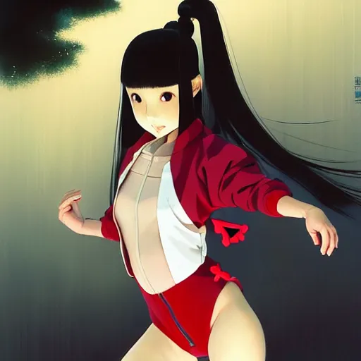 Image similar to a beautiful japanese natalie portman gravure model, wearing oversized native designer bomber jacket and leotard with overalls, bulky poofy bomber jacket with mesoamerican patterns, mesoamerican native street fashion, gapmoe yandere grimdark, trending on pixiv fanbox, painted by greg rutkowski makoto shinkai takashi takeuchi studio ghibli, akihiko yoshida