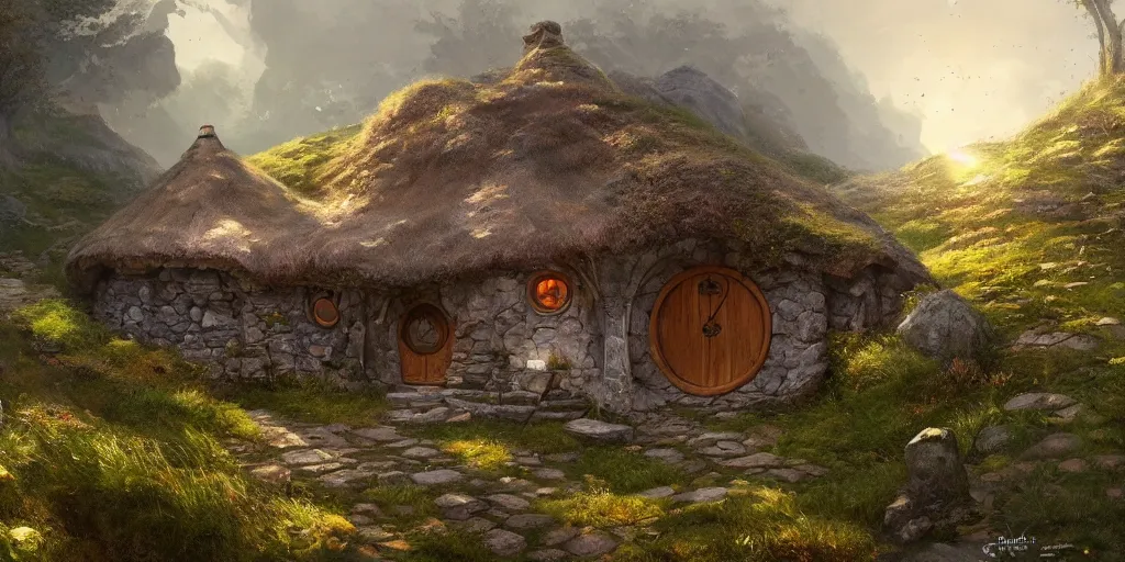 Image similar to a hobbit cottage on top of a steep hill, greg rutkowski, zabrocki, moebius, karlkka, jayison devadas, trending on artstation, 8 k, ultra wide angle, zenith view, pincushion lens effect