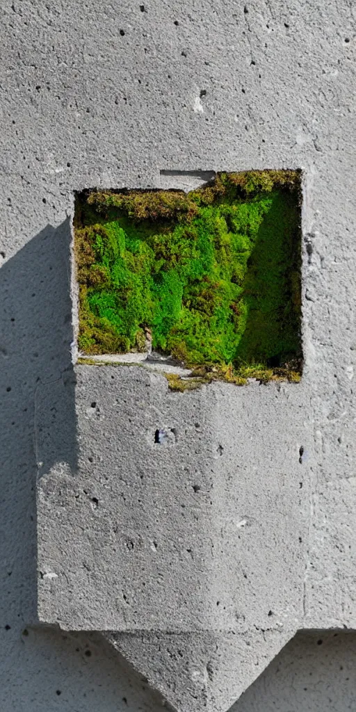 Prompt: a highly eroded cast block of concrete. The block is a minimalist contemporary house with large windows. The concrete has large holes and deep crevices. The block is standing upright. The block is centered in the frame. The block has a white background. Moss is growing in the eroded crevices.