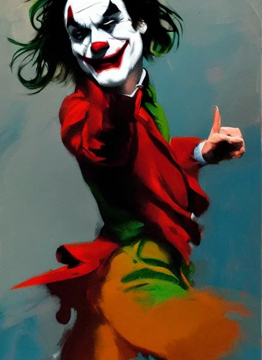 Image similar to joaquin phoenix as joker dancing, painting by phil hale, fransico goya,'action lines '!!!, graphic style, visible brushstrokes, motion blur, blurry, visible paint texture, crisp hd image