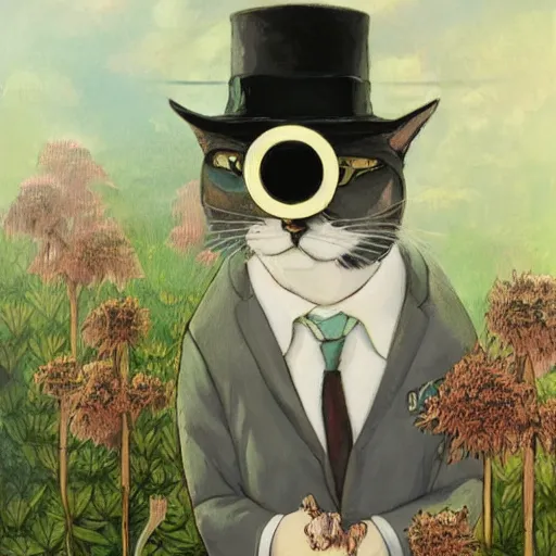 Image similar to a cat with a monocle and a suit in the style of wlop, portrait, overgrown by plants. this oil painting by the award - winning mangaka has interesting color contrasts, plenty of details and impeccable lighting