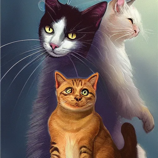 Image similar to 2 of cats tarot card, digital, rider waite card, painting, ultradetailed, artstation, oil painting, ultradetailed, artstation