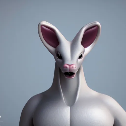 Image similar to realistic portrait of mewtwo, 1 0 0 mm, octane render, studio lighting