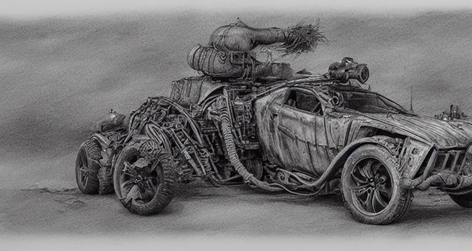 Image similar to highly detailed graphite drawing of a fury road car