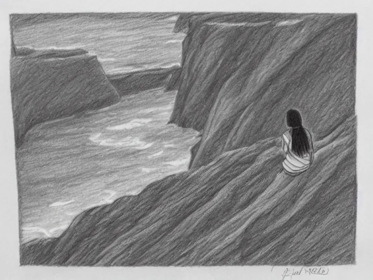 Image similar to a pencil drawing of a girl sitting on a cliff overlooking the beach by pen tacular