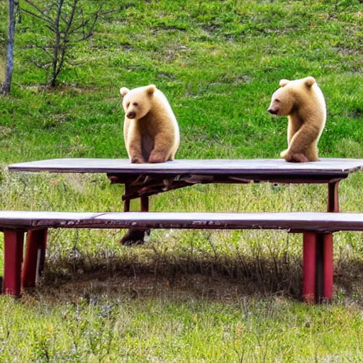 Image similar to 2 bears at a picnic table