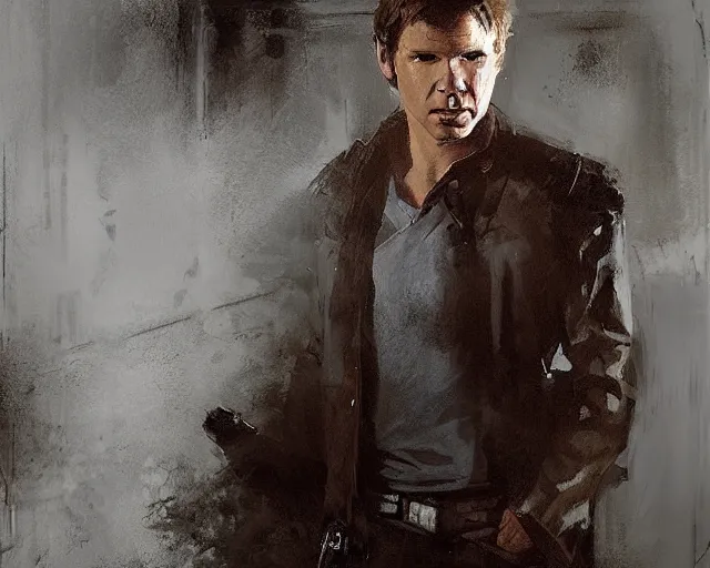 Image similar to portrait of young han solo young harrison ford in shades of grey but with brown by jeremy mann