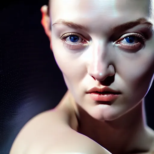 Image similar to hyperrealism photography computer simulation visualisation of parallel universe cgi scene with beautiful highly detailed ukrainian woman by caravaggio wearing neofuturistic neural interface by josan gonzalez - s 1 5 0