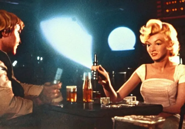 Prompt: A long-shot, color cinema film still of a Marlin Monroe drinking beer in the Mos Eisley's Tavern, Two aliens around, misty, studio lighting; from Star Wars(1977)