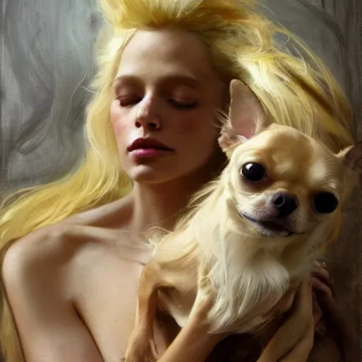 Image similar to beautiful blonde woman, blue eyes, intricate, elegant, highly detailed, holding old long haired chihuahua, greg manchess, mucha, liepke, ruan jia, jeffrey catherine jones, ridley scott