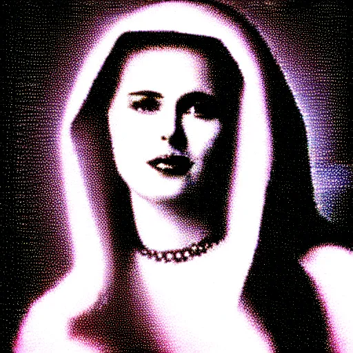 Image similar to vhs static overlay of marian apparition, vhs, 1 9 9 0, highly realistic, highly detailed, vhs noise static, black and white, vhs glitch