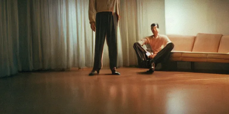 Image similar to photorealistic Cinematography of a man crying on the floor at night in a mid century modern apartment shot on film at magic hour in a room filled with volumetric haze by the shining Cinematographer john alcott on a cooke panchro 18mm lens .