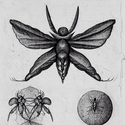 Prompt: detailed medical drawing, motif is a winged spider, drawing by Leonardo da Vinci