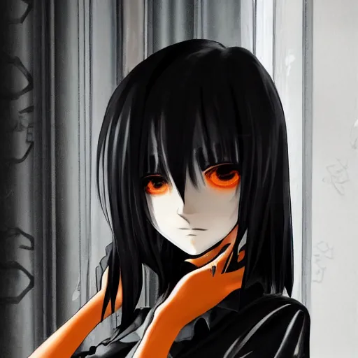 Image similar to 1 7 - year - old goth girl, black hair, long bob cut, long bangs, gothic coat, dark hallways, soft lighting, glowing keypads, orange keypads, roman pillars, strong lighting, strong shadows, vivid hues, ultra - realistic, sharp details, subsurface scattering, intricate details, hd anime, 2 0 1 9 anime