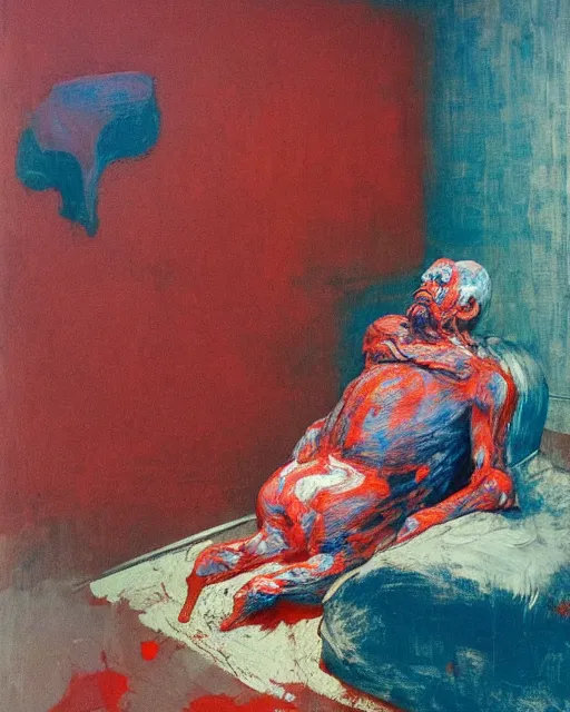 Image similar to thick expressionist acrylic painting of an old dead figure sitting on a couch ,  Beksinski painting, part by Francisco Goya and Gerhard Rich⁷⁷ter. art by James Jean, Francis Bacon masterpiece