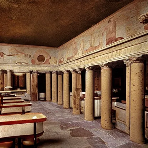 Image similar to Beautiful Promotional Photograph of the inside of an ancient Roman McDonalds, wideshot,longshot,fullshot.