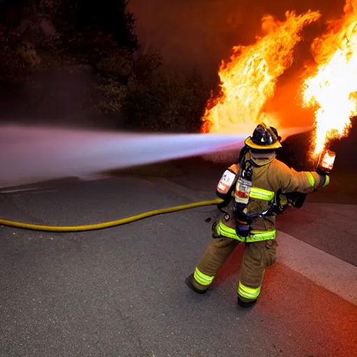 Image similar to photo of a firefighter using a flamethrower projecting a long flame. award-winning, highly-detailed